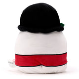 Back view of Cole the Snowman plush toy, showing its black hat, white body, and a red band with a small green detail.