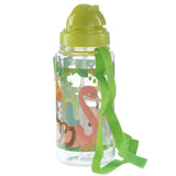 Angled view of a clear children's water bottle with a bright lime green flip-top lid. It has a colourful jungle animal design featuring a flamingo, parrot, and monkey, and a green fabric carry strap.