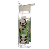 Front view of a clear 550ml reusable water bottle with a Pandarama panda and jungle foliage design, featuring a cream-coloured flip-top lid and a clear straw.
