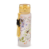 Angled view of a 600ml shatterproof pop top water bottle, white with a yellow lid and strap, featuring a colourful Nectar Meadows floral and bee pattern.