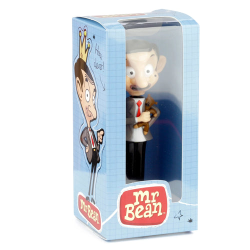 Angled front view of a Mr Bean and Teddy Solar Pal figure, still in its light blue display box with a clear window. The Mr Bean figurine wears a suit and holds his brown teddy.