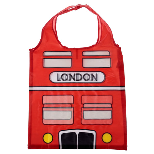 Front view of a red foldable shopping bag featuring a London bus design, with 'LONDON' text, windows, and yellow headlights.