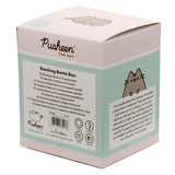 Three-quarter view of the Pusheen the Cat stacked bento box packaging. The light pink and teal box features a grey Pusheen cat illustration on the side and a sleeping cat outline on top, with product information text visible.
