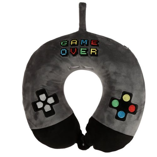 Front view: Grey plush memory foam travel pillow with a retro gaming controller design, featuring embroidered multi-coloured 'GAME OVER' text, a D-pad, and coloured buttons.