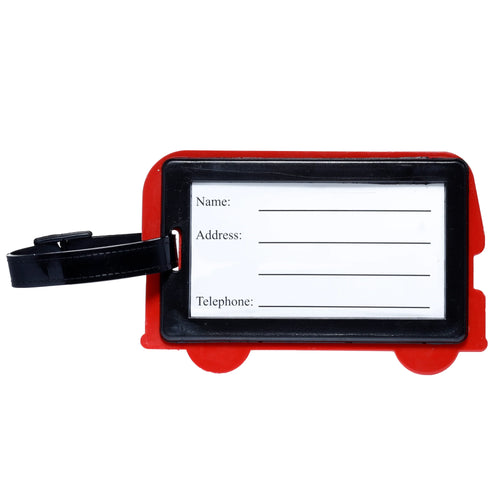 Front view of a red PVC London bus luggage tag, showing the clear information window with 'Name', 'Address', and 'Telephone' fields, and a black attachment strap.