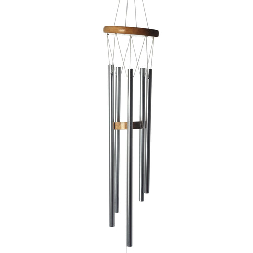 Suspended decorative metal wind chime with silvery-grey tubes of varying lengths, a natural wooden top, and an internal wooden striker, against a white background.