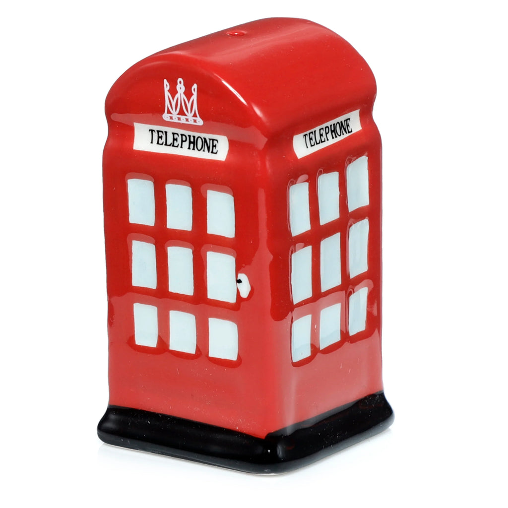 Angled view of a red ceramic telephone box shaker with white window panes, black base, and 'TELEPHONE' text on the front and side, topped with a crown emblem.