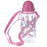 Angled view of a transparent children's water bottle with a pink flip-top lid and integrated straw. It features a pink woven adjustable strap and a design of pink and blue unicorns, carriages, crowns, and butterflies.