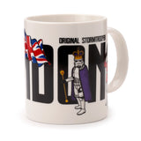 Front view of a white porcelain mug with a design featuring a Union Jack flag, large black 'LONDON' text, and a Stormtrooper wearing a purple cape and gold crown, holding a gold scepter. The words 'ORIGINAL STORMTROOPER' are printed above.