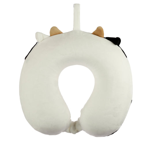 U-shaped white plush memory foam travel pillow with brown ears and black horn-like tufts, showing the cow's head at the top.