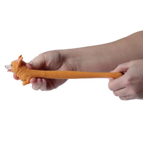Fun Kids Corgi Stretch Toy, an orange corgi-shaped toy being stretched by hands to demonstrate its elasticity.