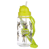 Front view of a clear plastic children's Shaun the Sheep water bottle with a lime green lid, white straw, and matching lime green carry strap.