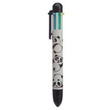 White multi-colour pen with black panda illustrations, black clip, and visible blue, green, and yellow colour selection buttons.