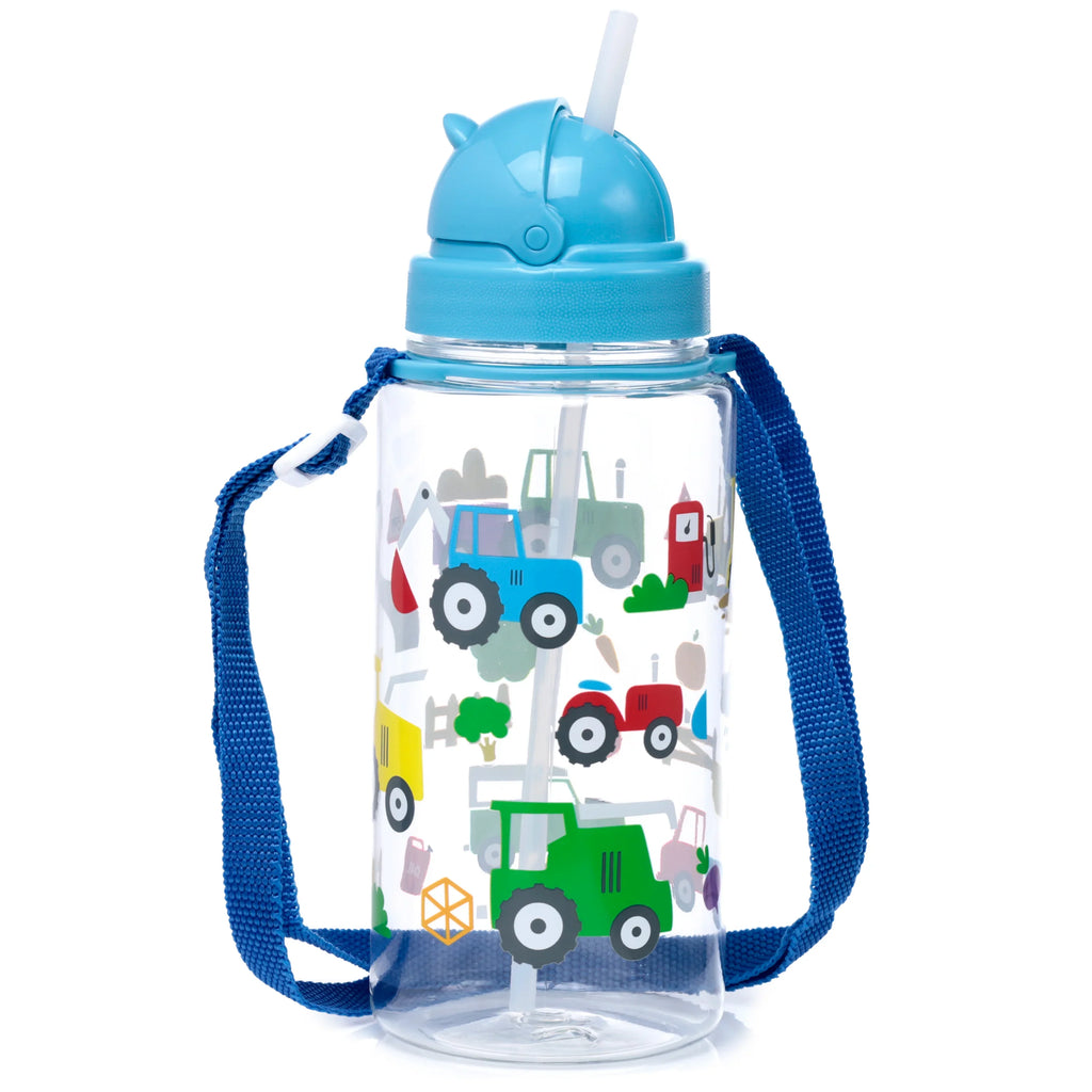Angled view of a clear plastic children's water bottle, decorated with colourful tractor illustrations and farm scenes, featuring a blue dome-shaped lid with a white straw and a blue fabric carry strap.