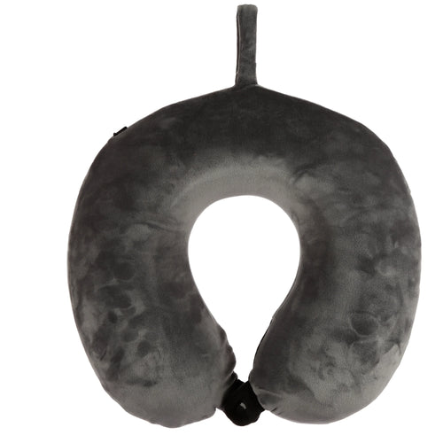 Angled view of a dark grey plush U-shaped memory foam travel pillow, featuring a top hanging loop and a black fastener at the ends.