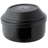 Angled view of a black round lunch box, featuring a slightly domed lid with a recessed circular detail and a smooth, cylindrical base.