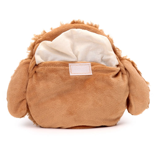 Back view of a fluffy brown Cavapoo dog head plush heat pack, revealing its light-coloured inner pouch and a white Velcro closure.