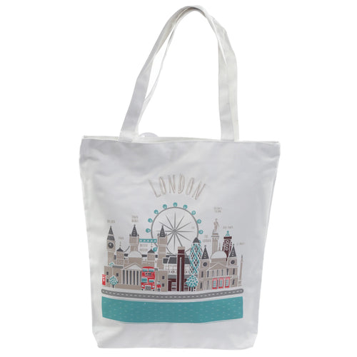 Front view of a white cotton shopping bag with two handles, featuring a multicoloured illustration of the London skyline. Landmarks like Big Ben, Tower Bridge, the London Eye, British Museum, The Gherkin, and OXO Tower are visible, along with a red double-decker bus and telephone boxes. 'LONDON' is written above the cityscape.