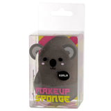 Front view of a grey koala makeup sponge with black eyes, nose, mouth, pink cheeks, and KOALA speech bubble, presented in clear packaging with colourful 'Makeup Sponge' text.