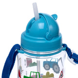 Close-up of a clear children's water bottle, showing its blue lid with an extended white straw, blue carry strap, and colourful tractor illustrations on the body.