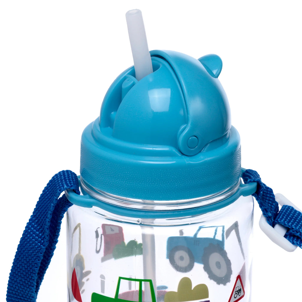 Close-up of a clear children's water bottle, showing its blue lid with an extended white straw, blue carry strap, and colourful tractor illustrations on the body.