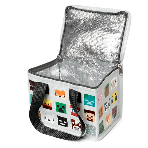 Angled view of an open RPET cool bag, featuring a light grey exterior decorated with colourful pixelated Minecraft character faces and a black fabric handle, revealing its silver insulated interior.