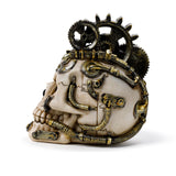 Side profile of a bone-coloured steampunk skull figurine, adorned with metallic cogs, springs, and detailed pipework in antique gold and dark bronze.