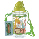 Angled view of a clear children's water bottle with a lime green flip-top lid, internal straw, and matching carry strap. The bottle is decorated with a vibrant zoo animal design featuring a giraffe, monkey, bird, and flamingo. A product tag hangs from the strap.