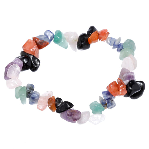 Overhead view of a multi-colour gemstone bracelet, featuring tumbled stones arranged in a heart shape, on a white background.