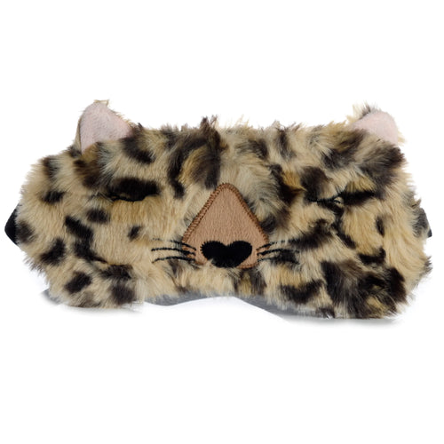 Front view of a fun, plush leopard print eye mask with small rounded ears and an embroidered face featuring a black heart-shaped nose, whiskers, and closed eyes.