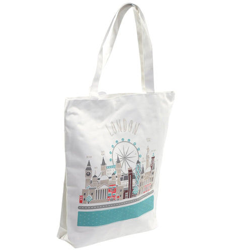 Front of a white cotton shopping bag, angled to reveal a colourful illustration of London landmarks including Big Ben, the London Eye, and Tower Bridge.