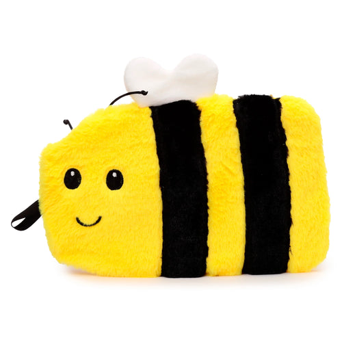Front view of a yellow and black striped plush bumble bee hot water bottle cover, with embroidered eyes, a smile, black antennae, and white wings.
