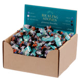 Front view of a cardboard retail display box filled with numerous mixed gemstone bracelets, featuring a teal header card listing various stone types like amethyst, rose quartz, and carnelian.
