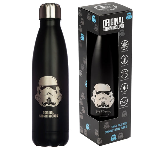 Angled shot of a black reusable stainless steel insulated drinks bottle, featuring a silver Original Stormtrooper helmet graphic and text, topped with a silver lid. It is displayed alongside its black retail packaging, which is labelled '500ML INSULATED STAINLESS STEEL BOTTLE' and has a window revealing the product.