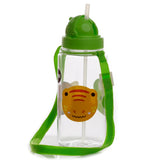 Front view of a clear plastic children's water bottle with a bright green lid and white straw. It features a yellow dinosaur head graphic with orange stripes and black eyes, and has a green fabric carry strap attached.