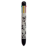 Upright multi-colour pen with six coloured buttons, featuring a white barrel decorated with black panda illustrations.