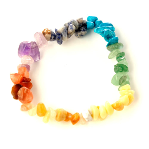 Top-down view of a colorful gemstone chip bracelet featuring chakra stones in a rainbow spectrum, laid out on a white background.