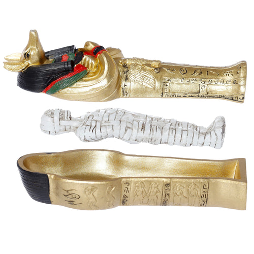 Gold Anubis Sarcophagus Trinket Box open, revealing a hidden mummy figurine inside.