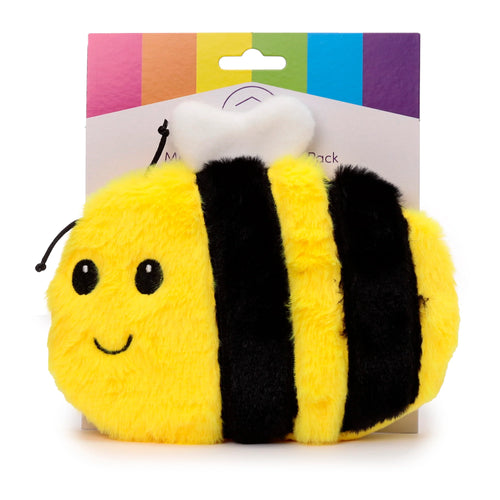 Front view of a fluffy yellow and black striped plush bumble bee heat pack. The bee features black eyes, a stitched smile, antennae, and small white wings, displayed on white retail packaging with a multi-coloured top strip.