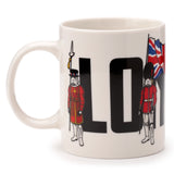 Angled view of a white porcelain mug featuring a black 'LONDON' graphic. The design includes two figures wearing red uniforms with Stormtrooper helmets; one holds a halberd and the other a rifle, against a Union Jack flag backdrop.