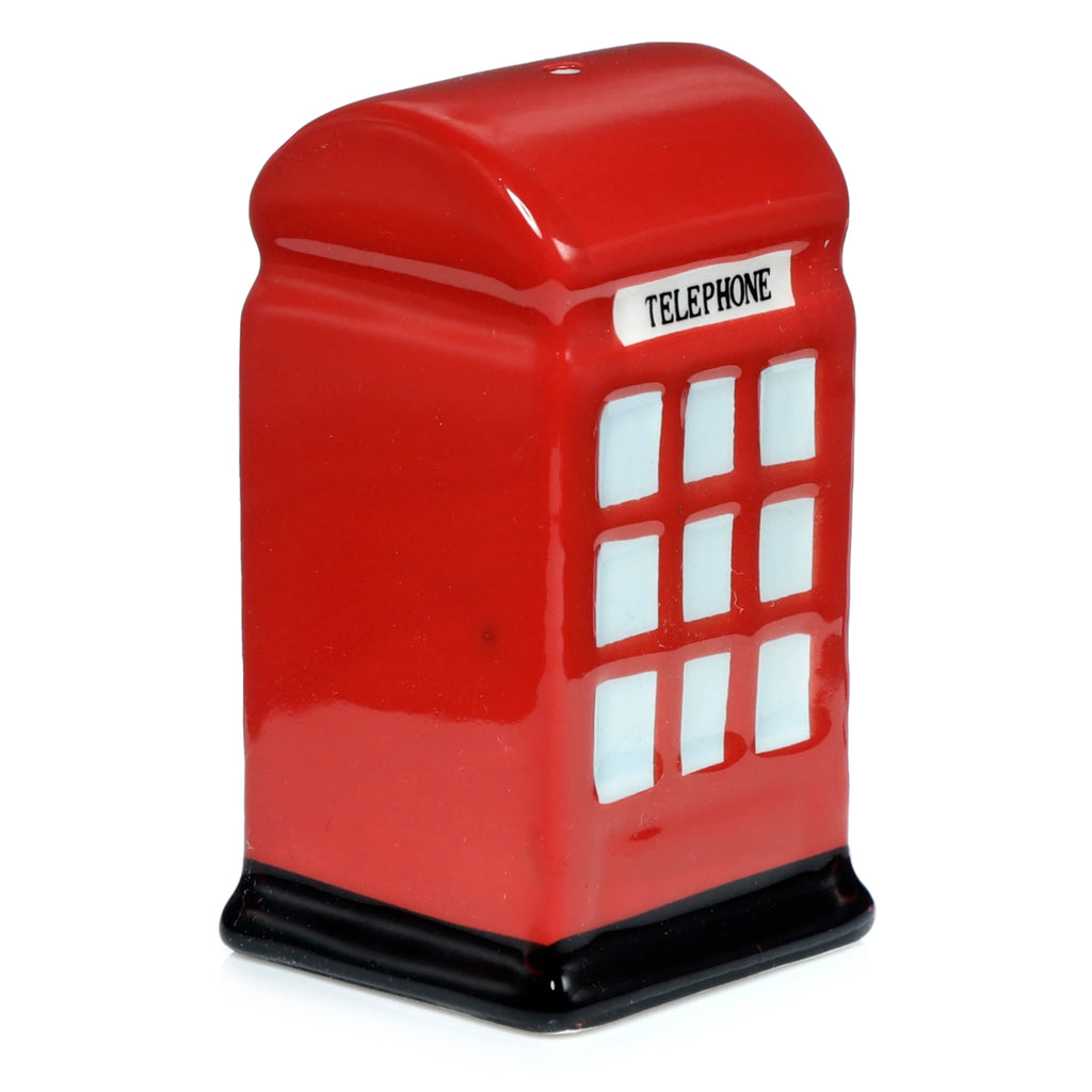 Angled view of a novelty red ceramic telephone box salt shaker with a black base, featuring 'TELEPHONE' text and white window details on its prominent side.