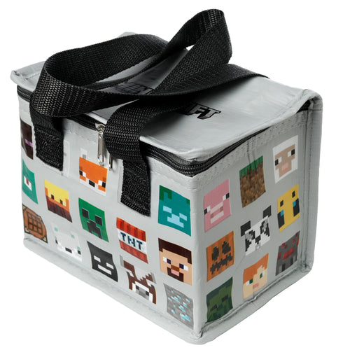 Angled view of a grey cool bag, featuring pixelated Minecraft character faces and game items on its sides, with black woven handles and a silver zip closure.
