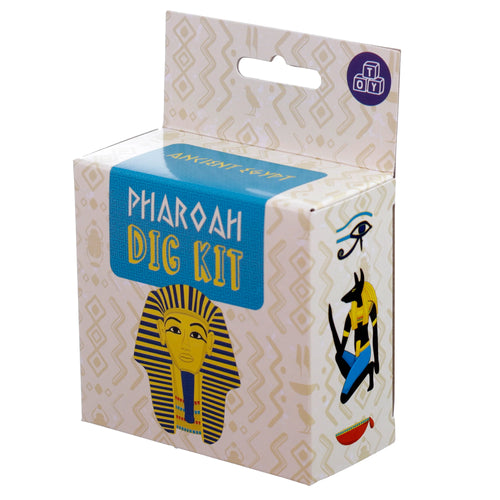 Front-angled view of an Egyptian 'Pharaoh Dig Kit' box, primarily beige with blue accents, adorned with illustrations of a pharaoh's mask, Anubis, and the Eye of Horus, and featuring a display hang tab.