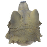 Overhead view of a fantasy wolf head ornament, detailed with grey and brown fur, revealing part of the skull base.
