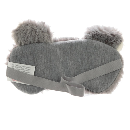 Back view of a grey plush koala eye mask, featuring fluffy ears, an elastic strap, and a visible care label.