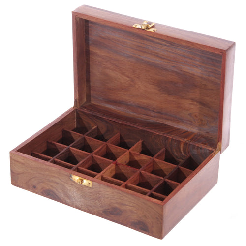 Angled view of a large, open Sheesham wood compartment box, revealing 24 internal compartments, rich dark wood grain, and brass-coloured hardware.