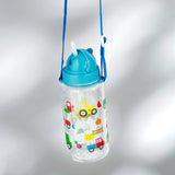 Angled view of a clear children's water bottle with a bright turquoise cap and white straw. The bottle is decorated with colourful farm vehicle illustrations, including a yellow tractor and red lorry, and features a blue carrying strap.