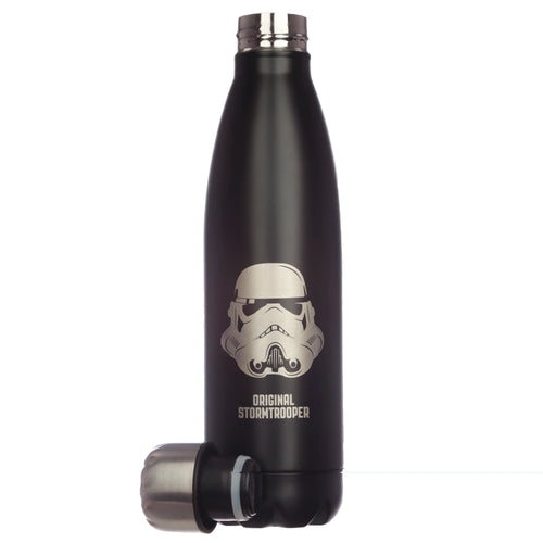 Front view of a matt black stainless steel insulated drinks bottle featuring a metallic grey Stormtrooper helmet graphic and 'ORIGINAL STORMTROOPER' text, with its silver screw-top lid placed beside the bottle's base.