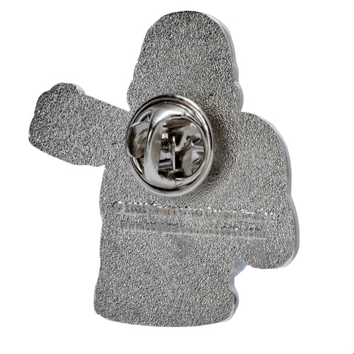 Back view of a silver-coloured novelty pin badge in a Stormtrooper silhouette, showing its textured metallic surface, a central pin fastener, and subtle embossed text including a web address.