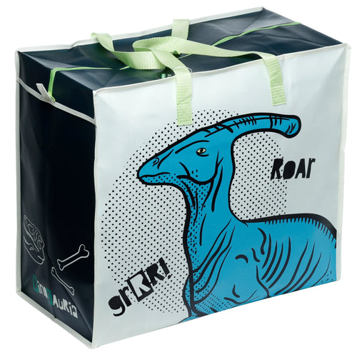 Front-angled view of a white laundry and storage bag featuring a blue parasaurolophus dinosaur illustration with black outlines and pop art style black dots. The bag has a dark blue top with a lime green zip and matching fabric handles. The dark blue side panel displays Dinosauria text and bone illustrations in white.